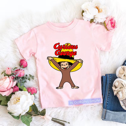 Kawaii Girls T-Shirts Curious George Cartoon Monkey Print Children'S Clothing Summer Tees Girls Tshirts Pink Short-Sleeved Tops