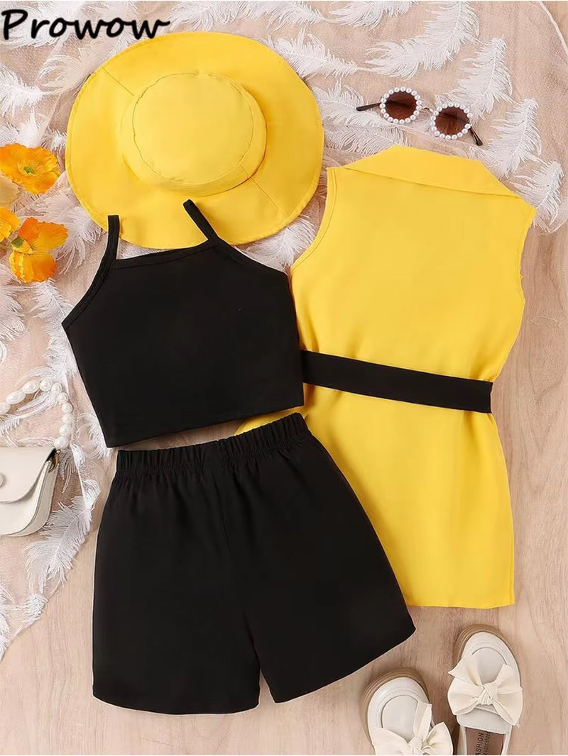 4Pcs Elegant Suit for Girls Children'S Clothing Belted Turn-Down Collar Jacket+Camisole+Shorts Luxury Girls Blazer Sets