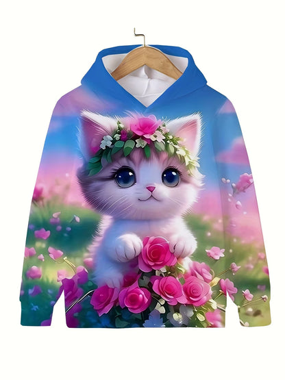 Children'S Clothing Hoodies Girls Clothes Long Sleeve Cute Cat Print Casual Kid Summer Autumn Clothes Kids Clothes Outdoor Tops