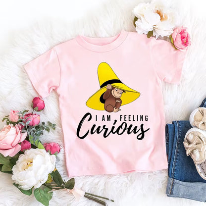 Kawaii Girls T-Shirts Curious George Cartoon Monkey Print Children'S Clothing Summer Tees Girls Tshirts Pink Short-Sleeved Tops